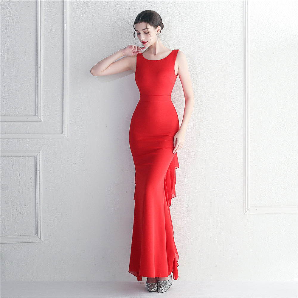 19928 #Hot Trade Spot Heavy Craft Beaded Satin Buga Chiffon Wedding Dinner Etiquette Sexy Dress Long