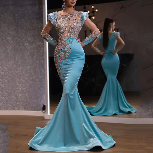 2025 new daily light blue fishtail skirt banquet long sand gold series thin temperament annual meeting evening dress women