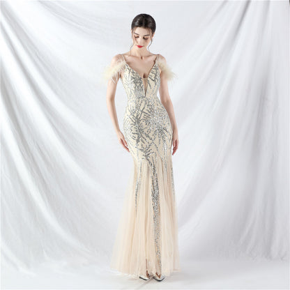 31971 #9 color craft order ostrich hair mesh beads sexy suspender dress evening dress