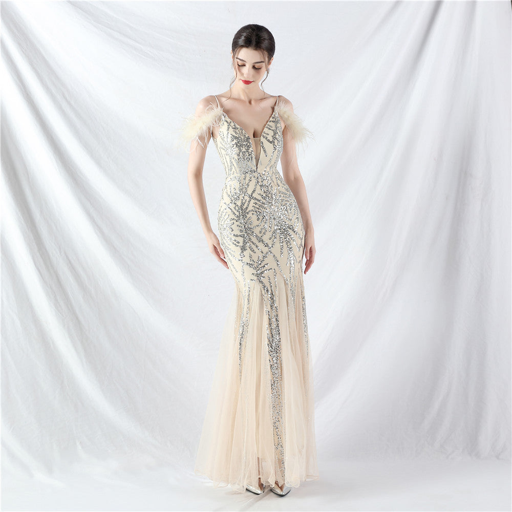 31971 #9 color craft order ostrich hair mesh beads sexy suspender dress evening dress