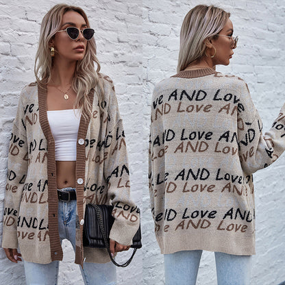 LOVEVOP Hot autumn and winter knitted cardigan 2025 letter fashion jacquard long-sleeved medium and long sweater jacket