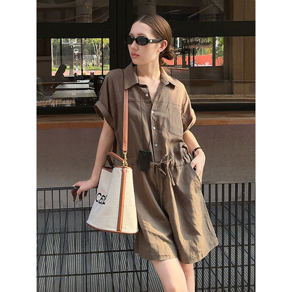 2025 THE MIND linen tencel short-sleeved jumpsuit women's 2025 summer simple wide-leg casual shorts T5022X