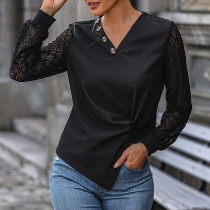 LOVEVOP 2025 cross-border women's clothing Hot autumn button V-neck women's T-shirt lace splicing long-sleeved knitted top