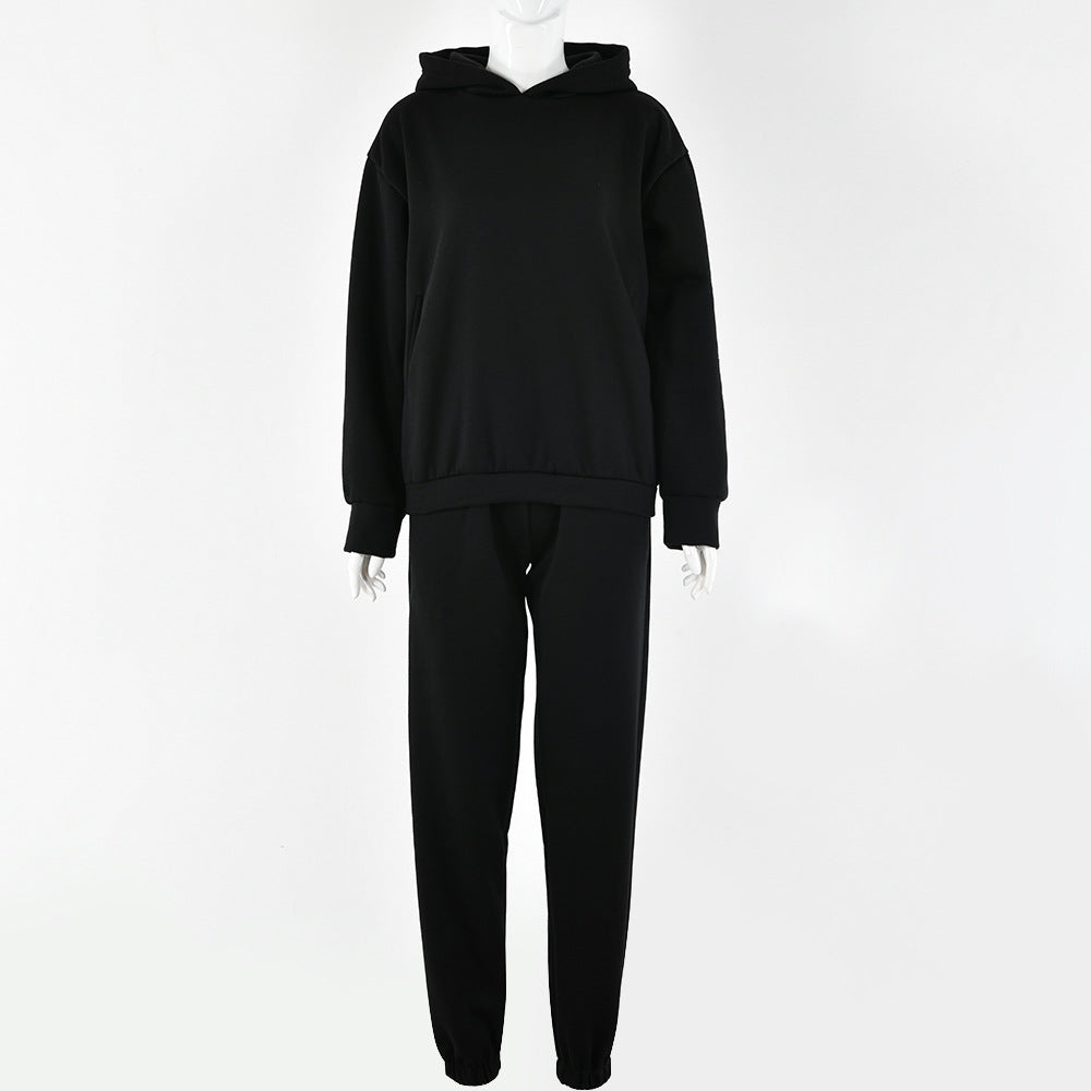 2025 winter fleece sweater set New Popular trade new loose long-sleeved hooded clothes bundle small feet trousers to keep warm