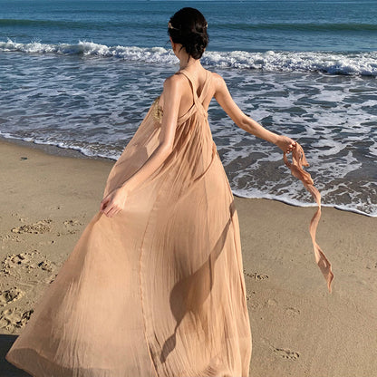 2025 Chic and beautiful one-word shoulder neck dress women's summer high-end desert travel photo seaside vacation beach dress