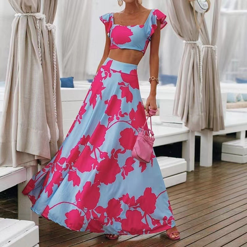 2025 Cross-border Summer New Popular and 2025 New Women's Clothing Bohemian Sexy Printed Sleeveless Dress Two-piece Set