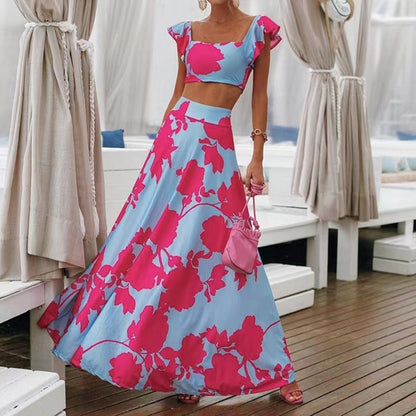 2025 Cross-border Summer New Popular and 2025 New Women's Clothing Bohemian Sexy Printed Sleeveless Dress Two-piece Set