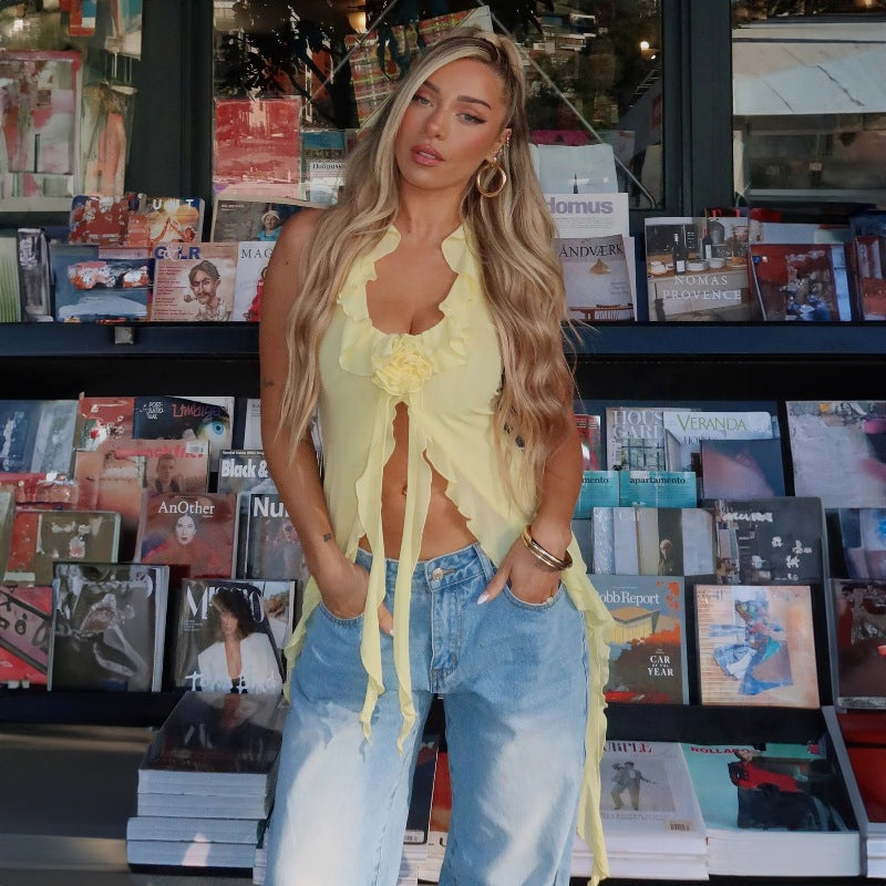 LOVEVOP Europe and the United States cross-border Hot summer new mesh yarn streamer hanging neck thin belt sexy small vest foreign trade wholesale women's clothing