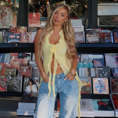 LOVEVOP Europe and the United States cross-border Hot summer new mesh yarn streamer hanging neck thin belt sexy small vest foreign trade wholesale women's clothing