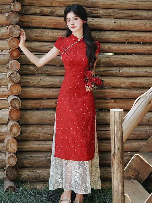 New Chinese dress, red cheongsam toast, fake two-piece lace dress, temperament waist polka dot thin dress