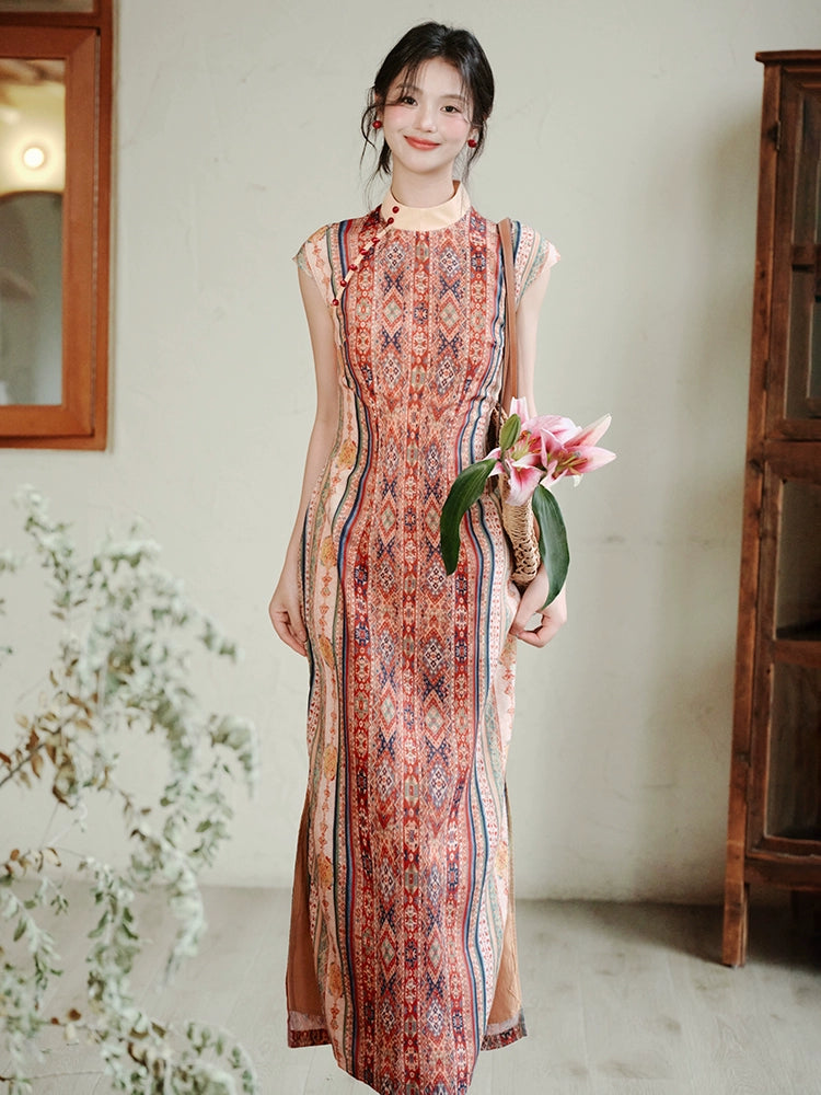 Ethnic tourism vacation new Chinese floral dress national style improved sleeveless red cheongsam women's cardigan two-piece set