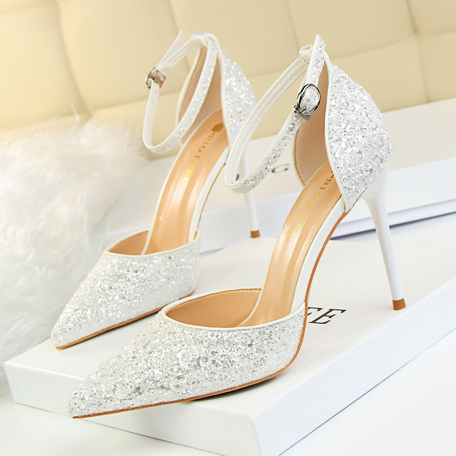 2025 283-A1  sexy nightclub women's shoes high heel shallow mouth pointed metal thin heel with sequined hollow sandals