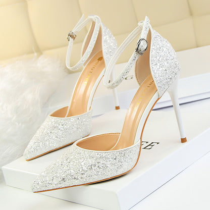 2025 283-A1  sexy nightclub women's shoes high heel shallow mouth pointed metal thin heel with sequined hollow sandals