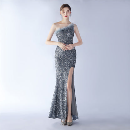 19919 #Slant shoulder collar sequined with ostrich feathers Dinner party nightclub dress Long evening dress