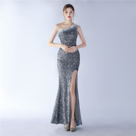 19919 #Slant shoulder collar sequined with ostrich feathers Dinner party nightclub dress Long evening dress
