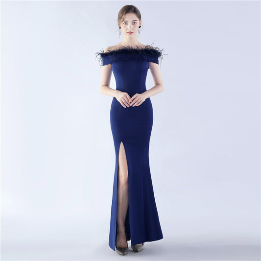 31335 #Hot trade spot new product popular satin cloth craft order ostrich hair one-word neck tube top evening dress