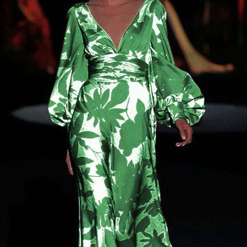 2025 new New  2025 women's dress slim lantern sleeve fashion printed V-neck dress