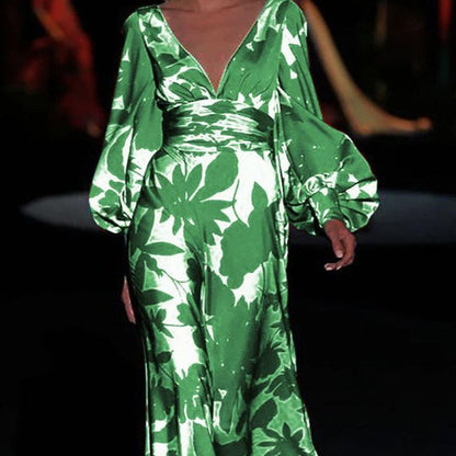 2025 new New  2025 women's dress slim lantern sleeve fashion printed V-neck dress