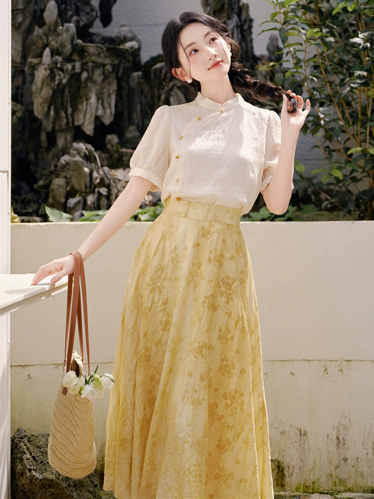 New Chinese national style set Chinese cheongsam small retro bubble sleeve top with jacquard skirt set
