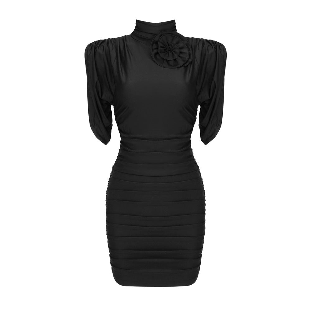 LOVEVOP 2023 summer new pink three-dimensional disc flower turtleneck pleated  women's casual dress age-reducing hip skirt