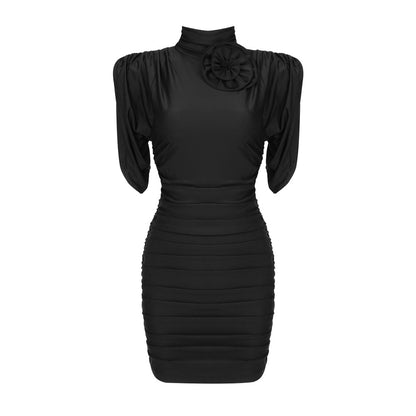 LOVEVOP 2023 summer new pink three-dimensional disc flower turtleneck pleated  women's casual dress age-reducing hip skirt