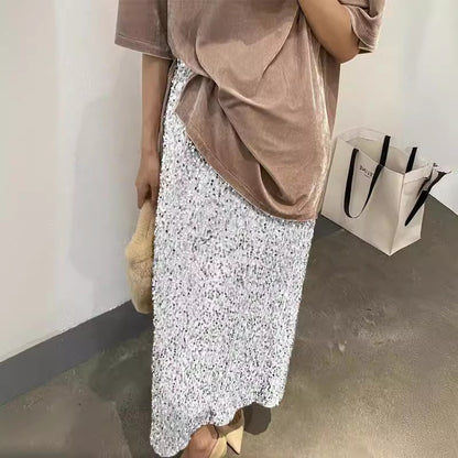 2025 2025 new fashionable high-waisted and thin sequined skirt women's elastic waist back split elastic straight skirt