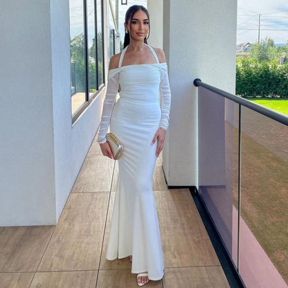 LOVEVOP 2025 women's clothing Hot autumn and winter new fashion personalized slim-fitting neck long-sleeved lace-up shoulder dress wholesale