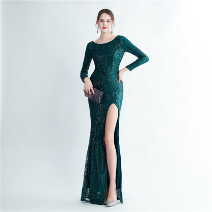 19966 #Hot trade 2025 new sequined long-sleeved split high-end evening dress