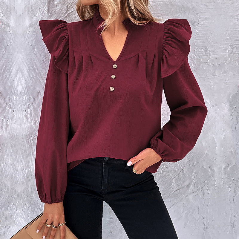 LOVEVOP New Cross-border 2025 commuter women's clothing Hot early autumn new ruffle edge long-sleeved design shirt