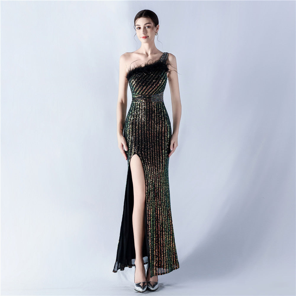 33011 #Popular trade dress heavy industry beaded hair single shoulder oblique collar high fork sequined dinner dress
