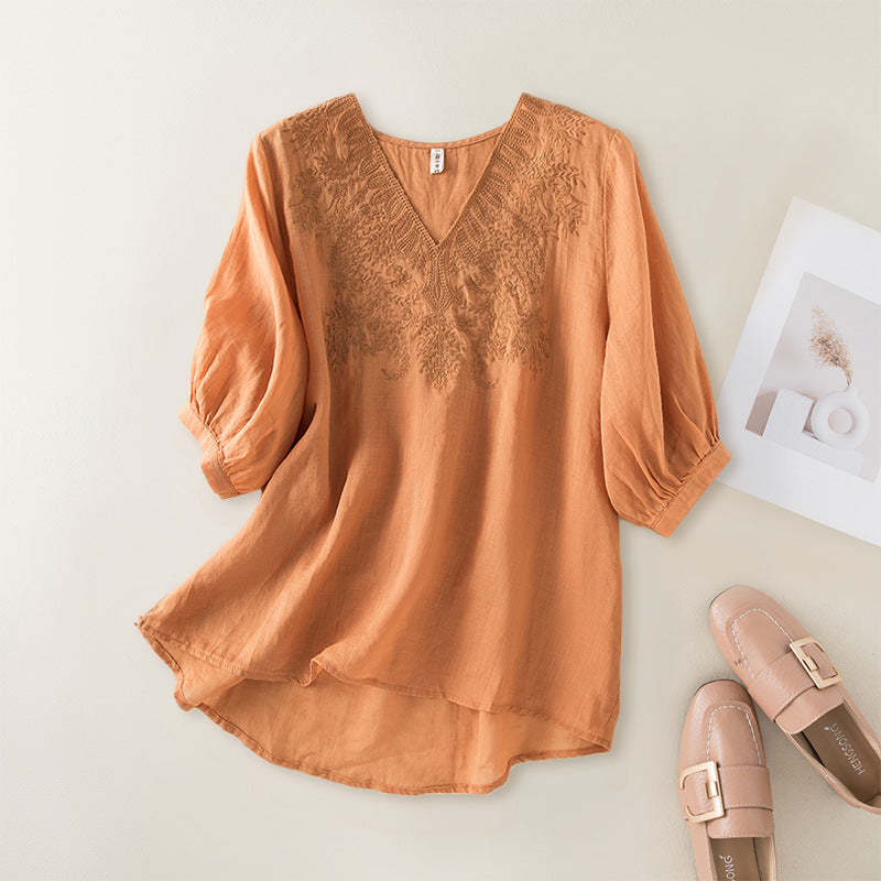 summer new loose and thin temperament V-neck ramie T-shirt women's literary and artistic solid color embroidered cotton and linen top women