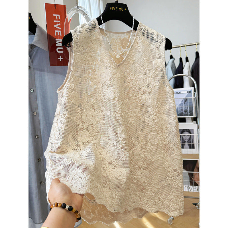 High-end Korean V-neck hollowed-out embroidered lace vest for women's summer stacking single wear sleeveless A-shaped top and shirt