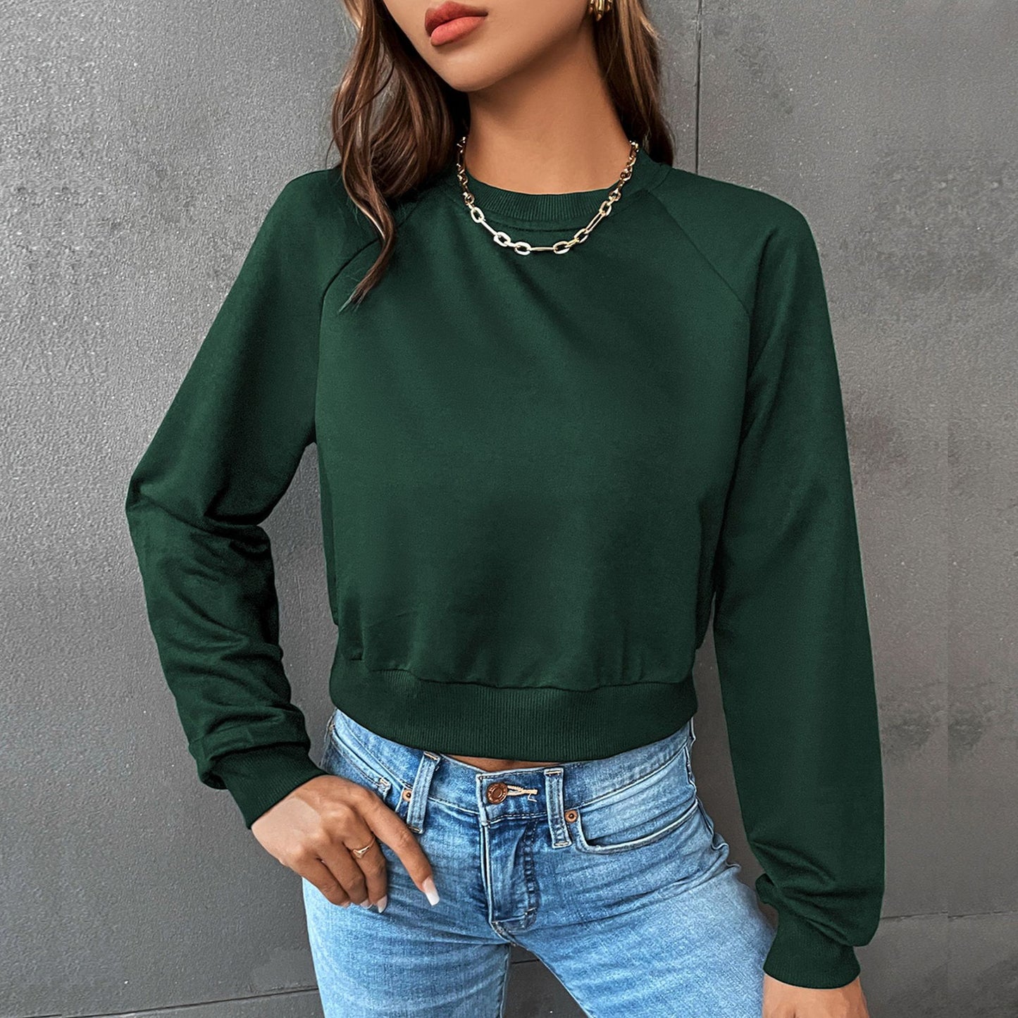 LOVEVOP popular New Early Autumn Casual Sports Rough Sleeve Top Hot Trade Color Matching Short Navel Crew Neck Pullover Sweater