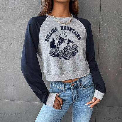 LOVEVOP popular new spring and autumn college style shoulder sleeves BM 2025 Popular trade color matching short navel round neck pullover sweater