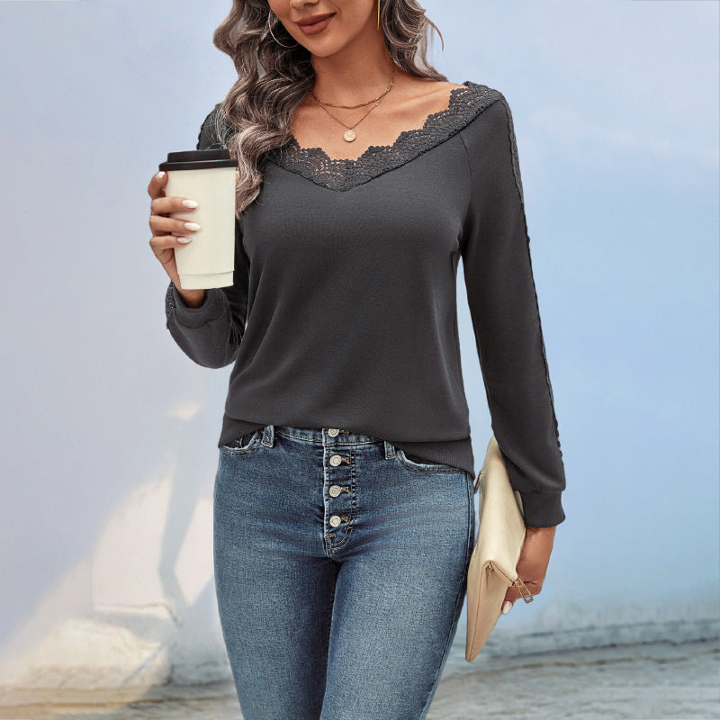 LOVEVOP foreign trade long-sleeved top Hot autumn new 2025 cross-border women's v-neck lace splicing bottoming shirt