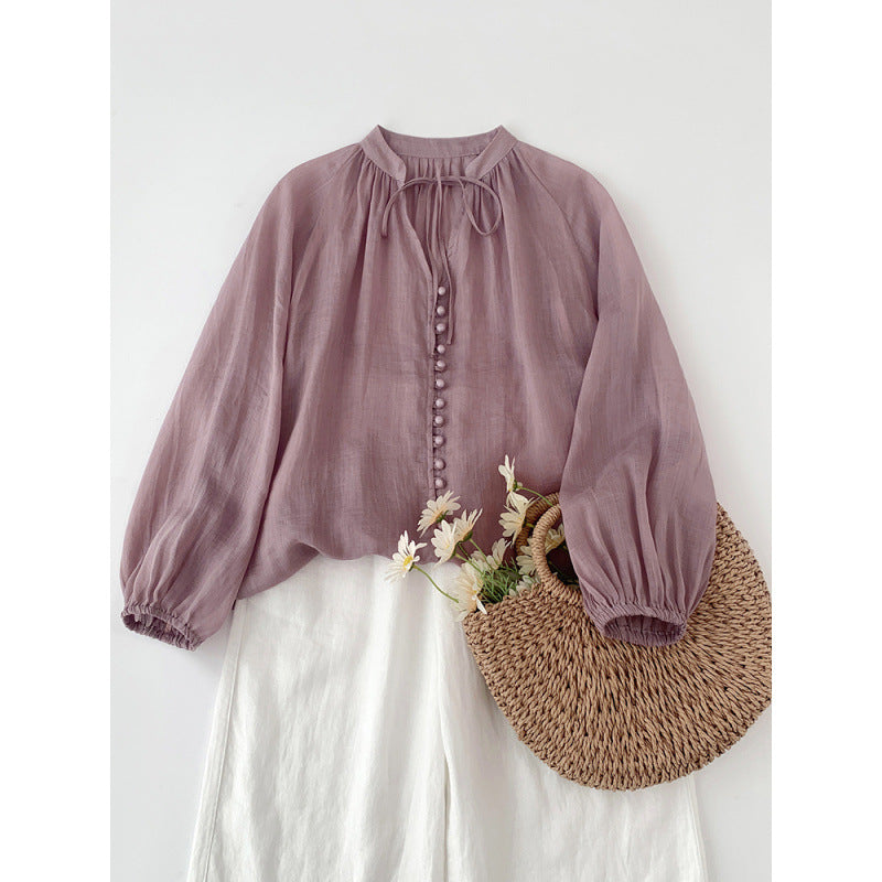 literary and retro solid color single-row button-up strap-up elastic sleeve shirt women's lantern sleeves loose small bag buckle sunscreen