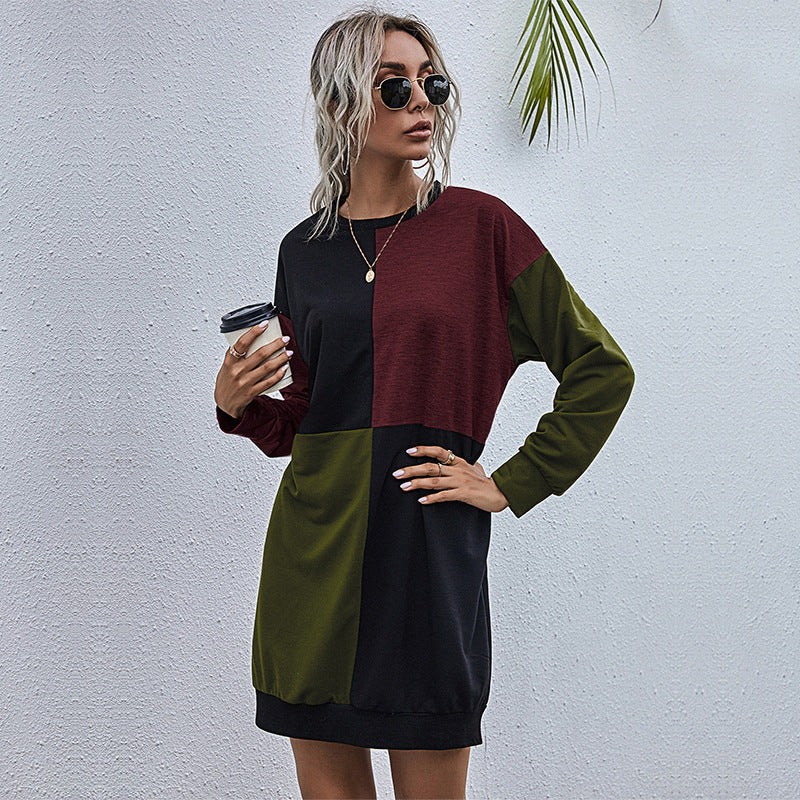 LOVEVOP popular new New hot-selling splicing long-sleeved casual skirt 2025 Popular trade round neck medium and long contrasting sweater skirt women