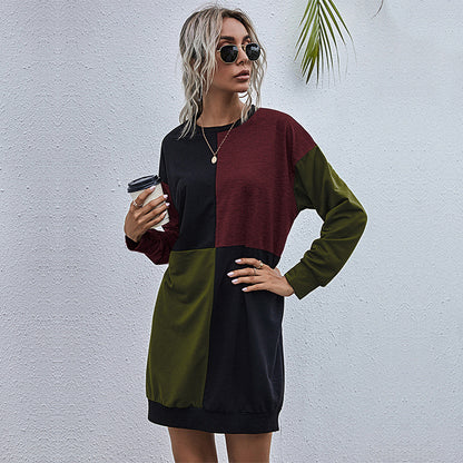 LOVEVOP popular new New hot-selling splicing long-sleeved casual skirt 2025 Popular trade round neck medium and long contrasting sweater skirt women