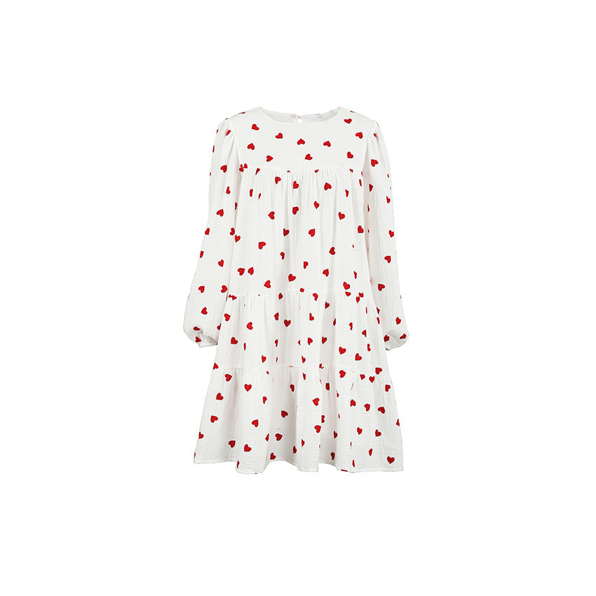 2025 fashion versatile crew neck dress women's  autumn bubble sleeve sleeve A-shaped skirt loose casual printing