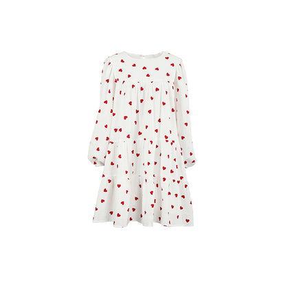 2025 fashion versatile crew neck dress women's  autumn bubble sleeve sleeve A-shaped skirt loose casual printing