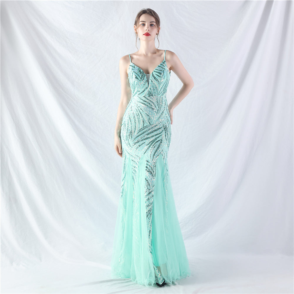 31903 #Hot trade new product laminated bead splicing mesh suspender evening dress
