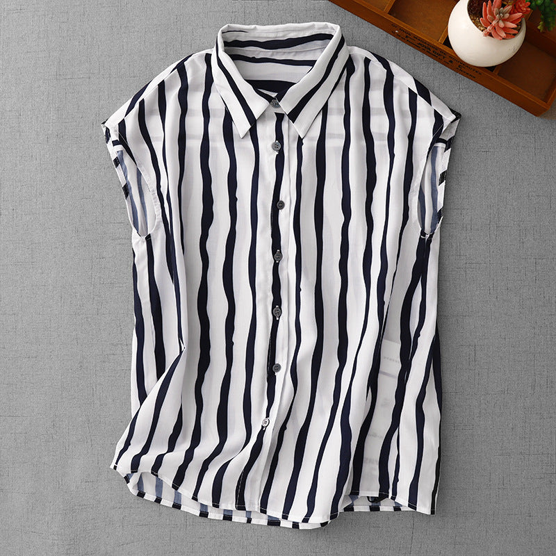 Loose casual striped shirt women's summer new short-sleeved top super good-looking unique and thin chic temperament shirt