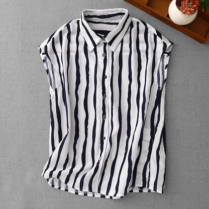 Loose casual striped shirt women's summer new short-sleeved top super good-looking unique and thin chic temperament shirt