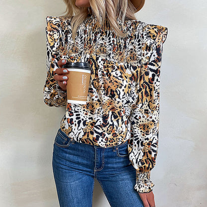 LOVEVOP popular autumn and winter new long-sleeved leopard print shirt  New 2025 women's clothing semi-turtleneck flying-sleeved shirt women