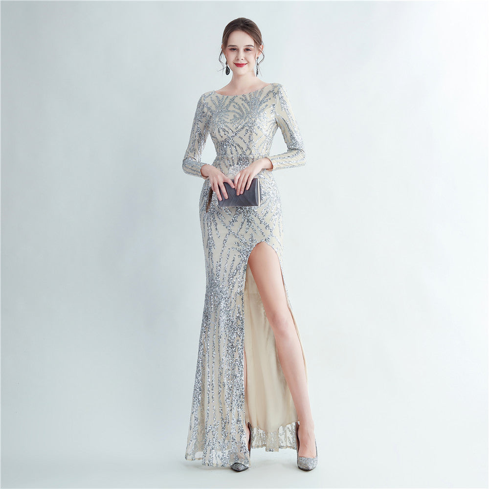 19966 #Hot trade 2025 new sequined long-sleeved split high-end evening dress