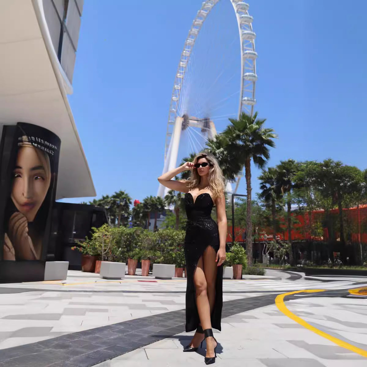 LOVEVOP black tube top beads split long dress  women's dress New high-end dress fashion set