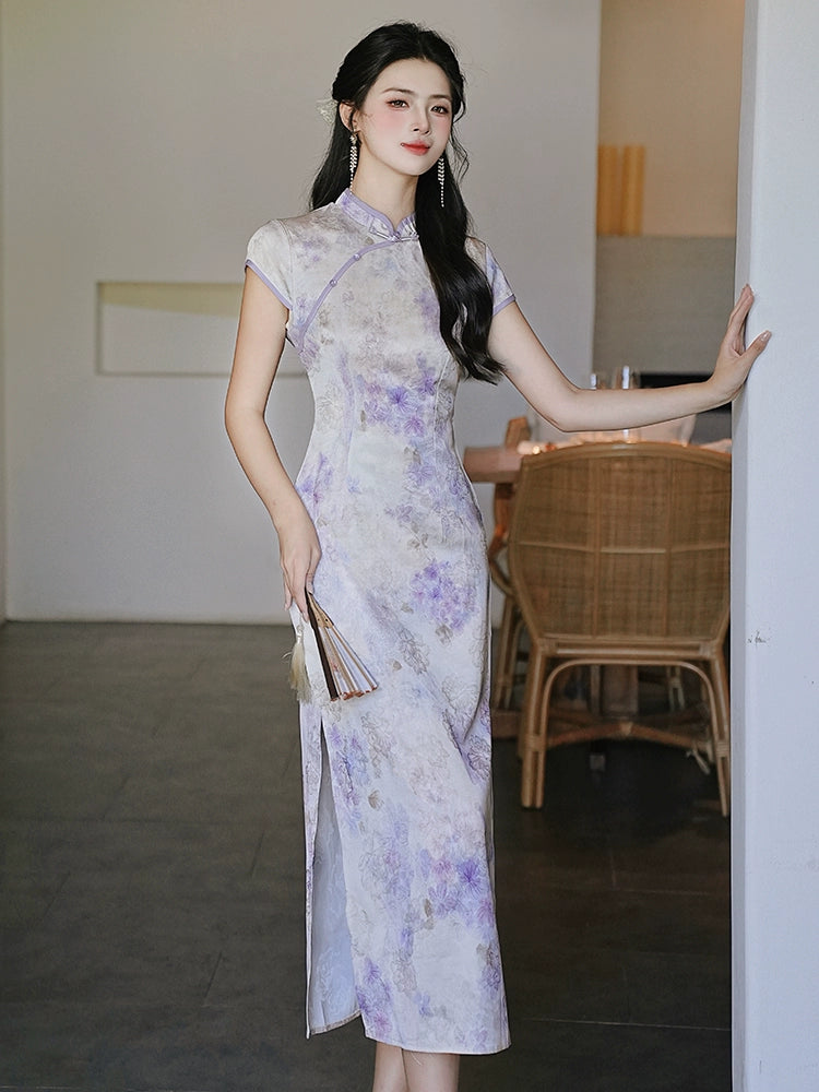 New Chinese jacquard purple cheongsam high-end atmosphere high-grade temperament smudge dress women's summer cold long skirt