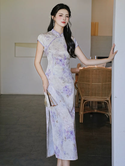 New Chinese jacquard purple cheongsam high-end atmosphere high-grade temperament smudge dress women's summer cold long skirt