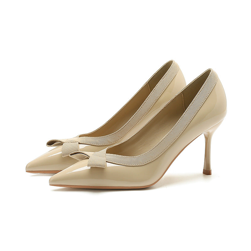 2025 811-16 Patent leather bow single shoes women's pointed head stiletto high heels women's shallow mouth professional commuter high heels single shoes
