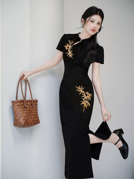 Summer women's clothing new Chinese style black national style golden bamboo embroidered retro cheongsam dress elegant temperament hip-wrapped dress